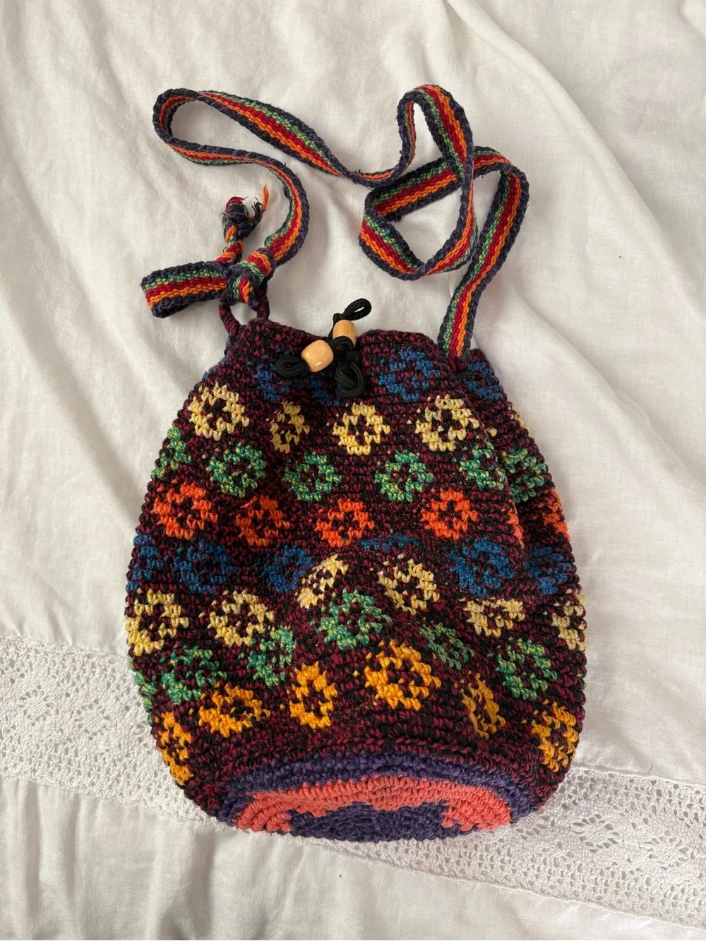 Artisan Made Hippie Boho Knit Crochet Colorful Hobo Bucket Bag